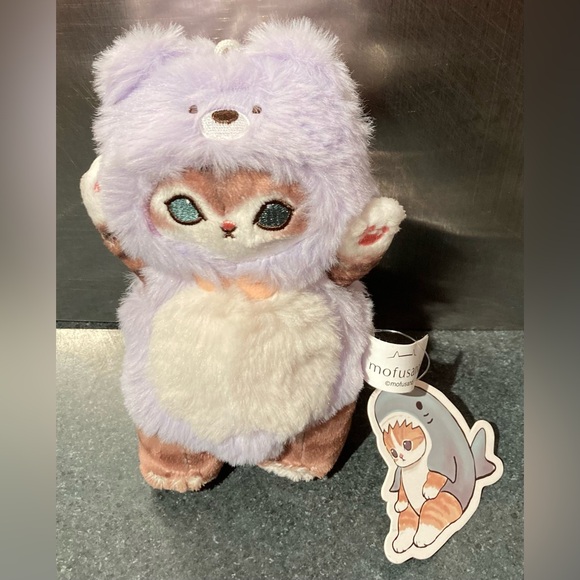 🐱🐻 18cm Mofusand Cat Cross-Dress in Lavender Purple Bear Costume Soft Plush Doll - Picture 4 of 7